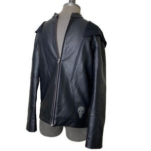 Overwatch Death Walks Among You Faux Leather Jacket Cosplay S/M Blk Hoodie Hood